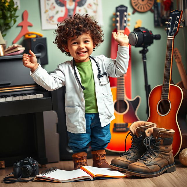 A young boy with curly hair, wearing a medical student outfit, enthusiastically standing amid a vibrant scene filled with elements that reflect his diverse interests