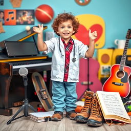 A young boy with curly hair, wearing a medical student outfit, enthusiastically standing amid a vibrant scene filled with elements that reflect his diverse interests