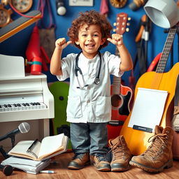 A young boy with curly hair, wearing a medical student outfit, enthusiastically standing amid a vibrant scene filled with elements that reflect his diverse interests
