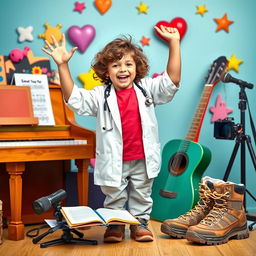 A young boy with curly hair, wearing a medical student outfit, enthusiastically standing amid a vibrant scene filled with elements that reflect his diverse interests
