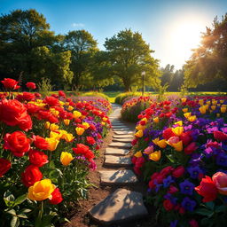 An enchanting garden scene in full bloom, featuring vibrant flowers of varying colors, such as red roses, yellow tulips, and purple violets