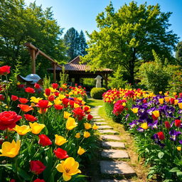 An enchanting garden scene in full bloom, featuring vibrant flowers of varying colors, such as red roses, yellow tulips, and purple violets