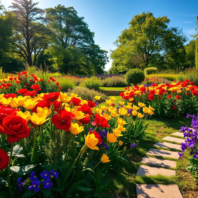 An enchanting garden scene in full bloom, featuring vibrant flowers of varying colors, such as red roses, yellow tulips, and purple violets