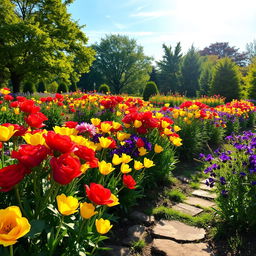 An enchanting garden scene in full bloom, featuring vibrant flowers of varying colors, such as red roses, yellow tulips, and purple violets