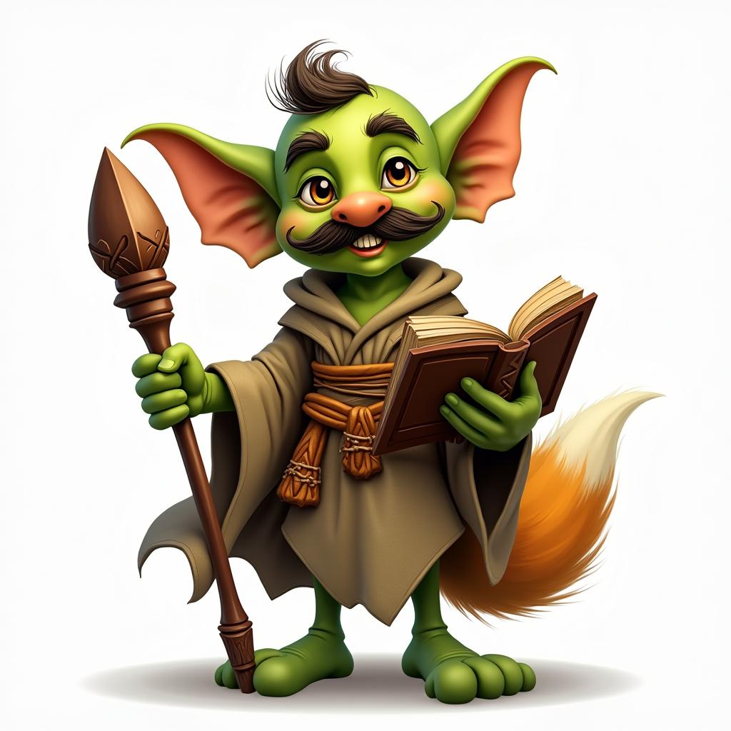 A whimsical goblin character with a pronounced mustache, confidently holding a staff in one hand and an open book in the other