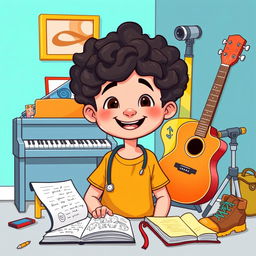 A cartoon-style illustration of a young boy with curly hair, depicted as an enthusiastic medical student