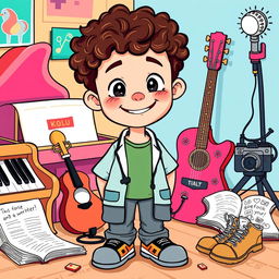A cartoon-style illustration of a young boy with curly hair, depicted as an enthusiastic medical student
