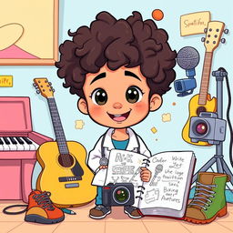 A cartoon-style illustration of a young boy with curly hair, depicted as an enthusiastic medical student