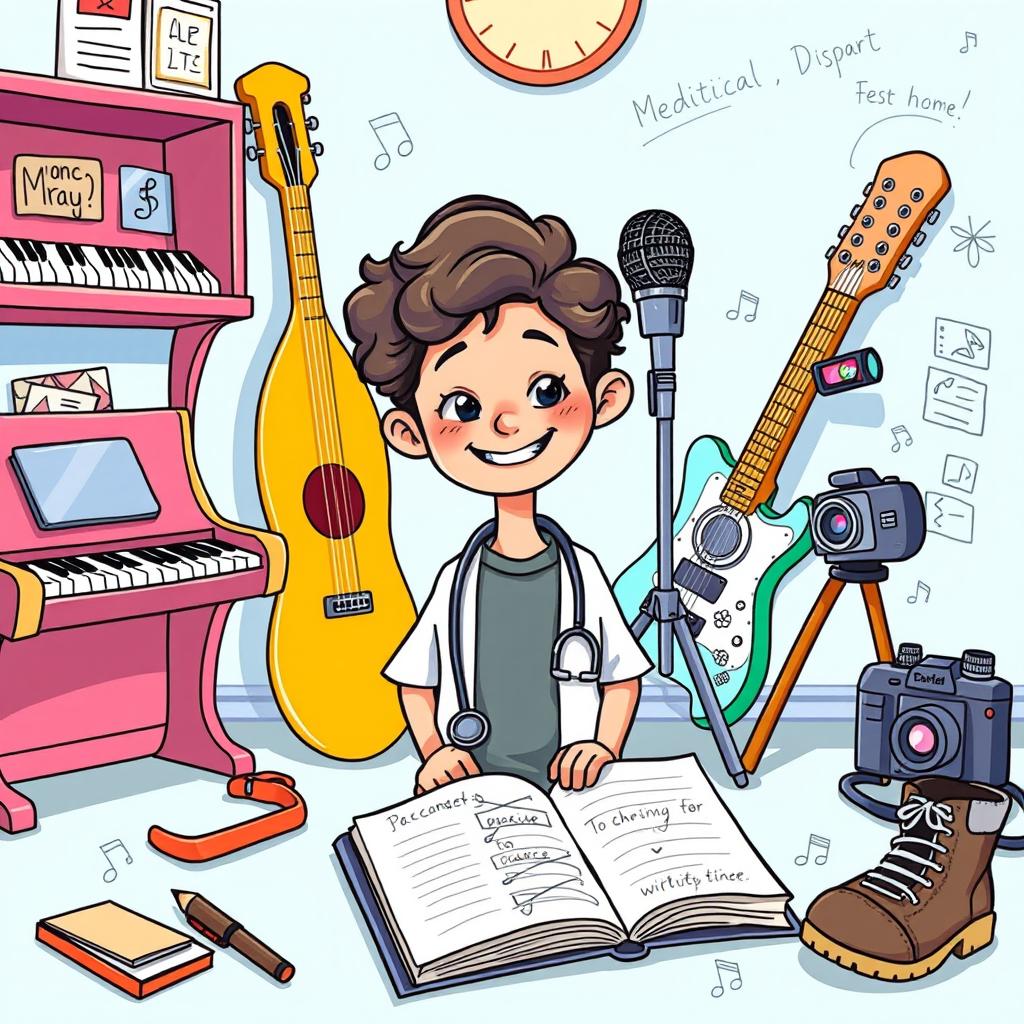 A cartoon-style illustration of a young boy with curly hair, depicted as an enthusiastic medical student