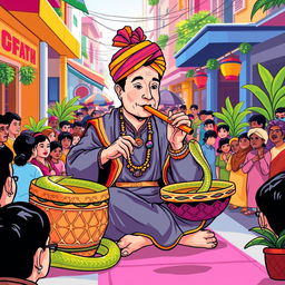 A whimsical illustration of Elon Musk as a snake charmer, seated on a vibrant street