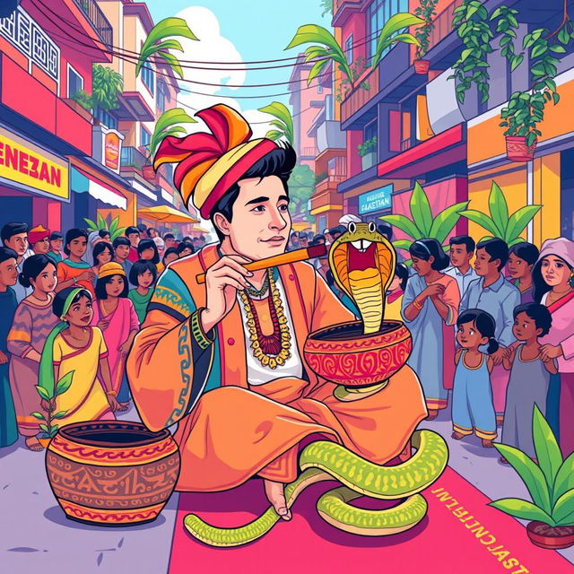 A whimsical illustration of Elon Musk as a snake charmer, seated on a vibrant street