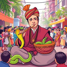 A whimsical illustration of Elon Musk as a snake charmer, seated on a vibrant street