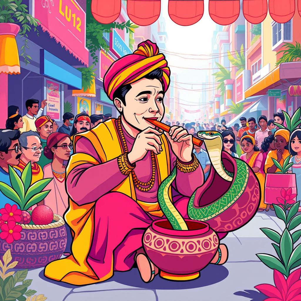 A whimsical illustration of Elon Musk as a snake charmer, seated on a vibrant street