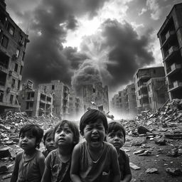 A dramatic black and white scene depicting the aftermath of an explosion in an urban environment