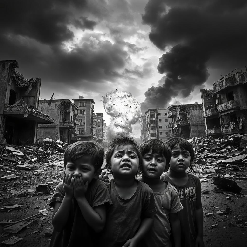 A dramatic black and white scene depicting the aftermath of an explosion in an urban environment