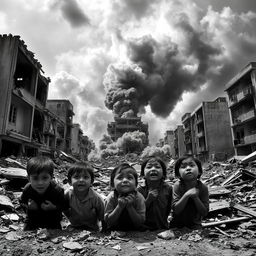 A dramatic black and white scene depicting the aftermath of an explosion in an urban environment