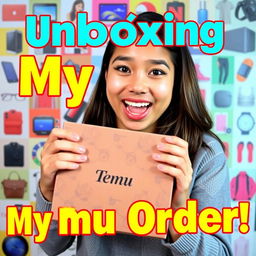 A vibrant and engaging YouTube thumbnail featuring a person excitedly checking their package from Temu