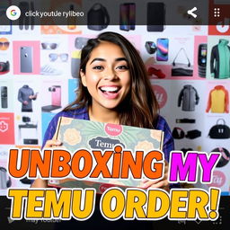 A vibrant and engaging YouTube thumbnail featuring a person excitedly checking their package from Temu