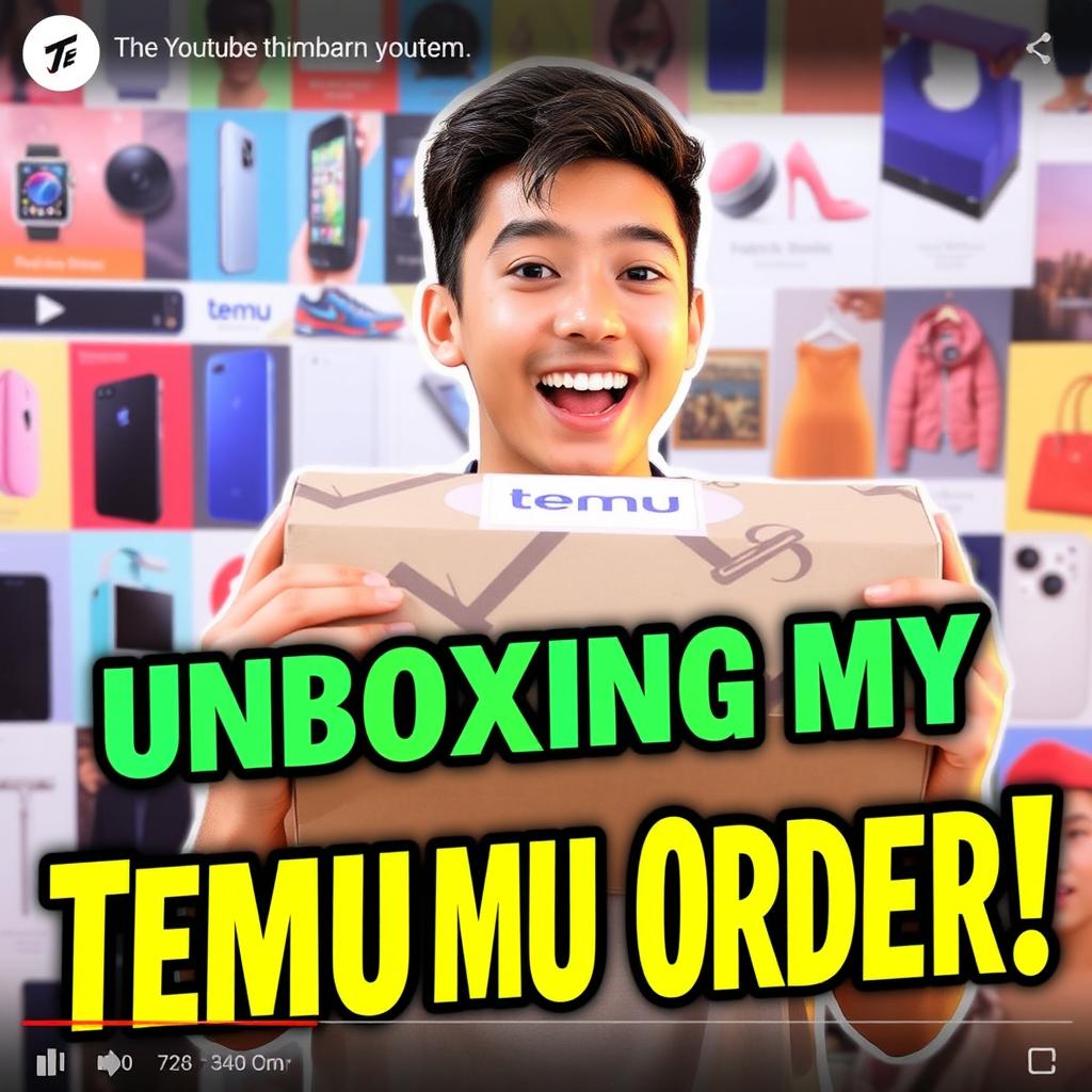A vibrant and engaging YouTube thumbnail featuring a person excitedly checking their package from Temu