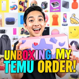 A vibrant and engaging YouTube thumbnail featuring a person excitedly checking their package from Temu