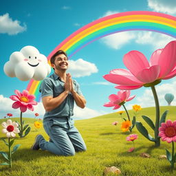 A humorous scene depicting a man in a whimsical landscape, kneeling in prayer