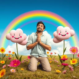 A humorous scene depicting a man in a whimsical landscape, kneeling in prayer