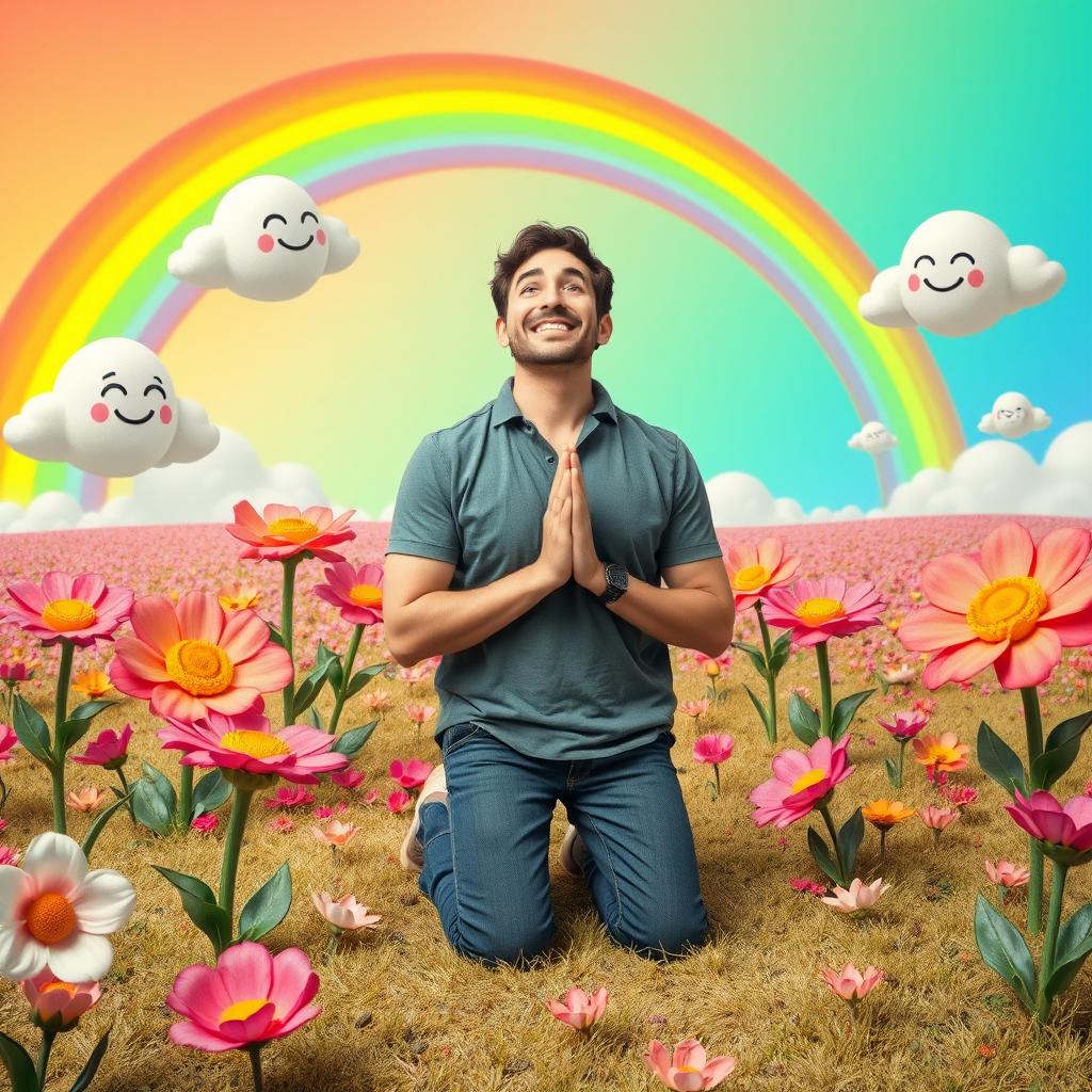 A humorous scene depicting a man in a whimsical landscape, kneeling in prayer