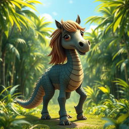 A whimsical creature that is a hybrid of a horse and a crocodile, with the body structure of a horse featuring scales and a long, powerful tail of a crocodile
