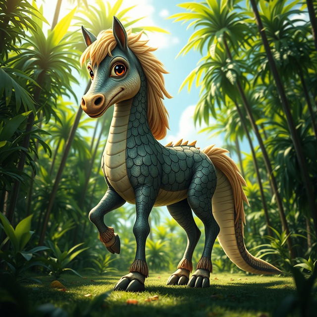 A whimsical creature that is a hybrid of a horse and a crocodile, with the body structure of a horse featuring scales and a long, powerful tail of a crocodile