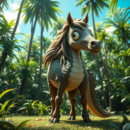 A whimsical creature that is a hybrid of a horse and a crocodile, with the body structure of a horse featuring scales and a long, powerful tail of a crocodile