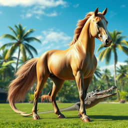 A surreal scene depicting a creature that is a hybrid of a horse and a crocodile, combining the elegant form of a horse with the rugged texture and features of a crocodile