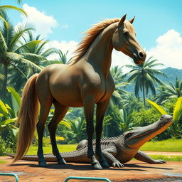 A surreal scene depicting a creature that is a hybrid of a horse and a crocodile, combining the elegant form of a horse with the rugged texture and features of a crocodile