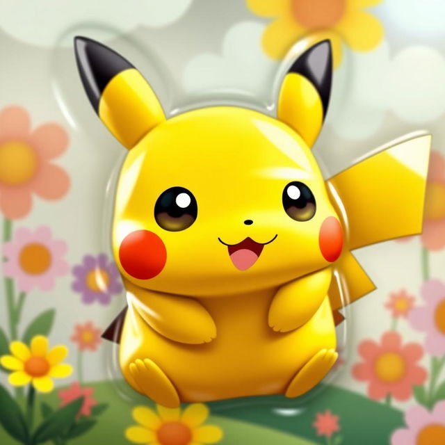 A cute Pokemon character, resembling Pikachu, squished and flattened against a colorful background, with exaggerated facial features like big eyes and a wide smile