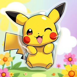 A cute Pokemon character, resembling Pikachu, squished and flattened against a colorful background, with exaggerated facial features like big eyes and a wide smile