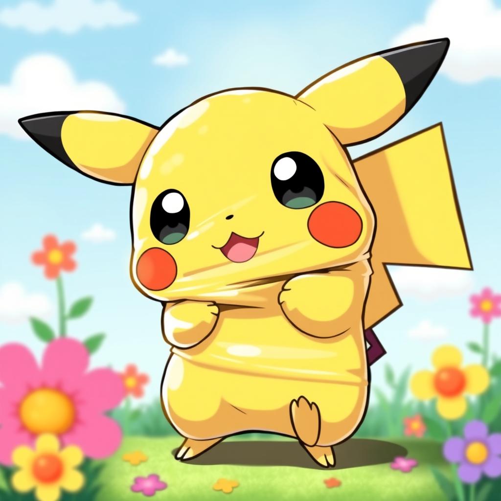 A cute Pokemon character, resembling Pikachu, squished and flattened against a colorful background, with exaggerated facial features like big eyes and a wide smile