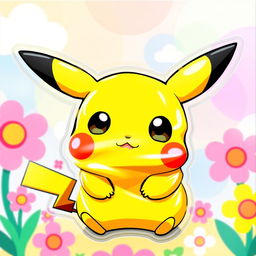 A cute Pokemon character, resembling Pikachu, squished and flattened against a colorful background, with exaggerated facial features like big eyes and a wide smile