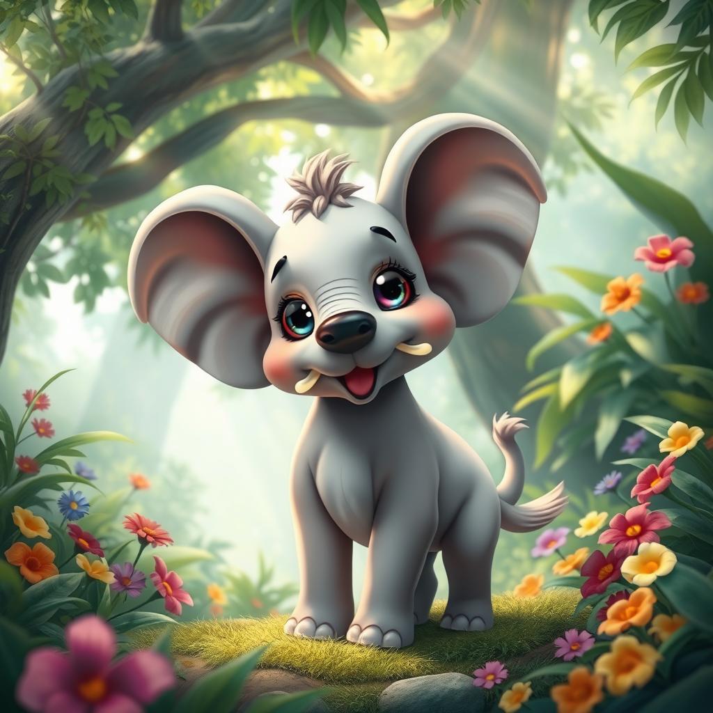 A whimsical creature that combines features of an elephant and a dog, showcasing the large ears and trunk of an elephant alongside the playful body and tail of a dog