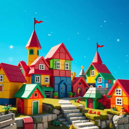 A whimsical, fairy tale-inspired scene featuring a charming village built from colorful Rubik's cubes