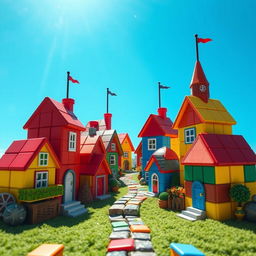 A whimsical, fairy tale-inspired scene featuring a charming village built from colorful Rubik's cubes
