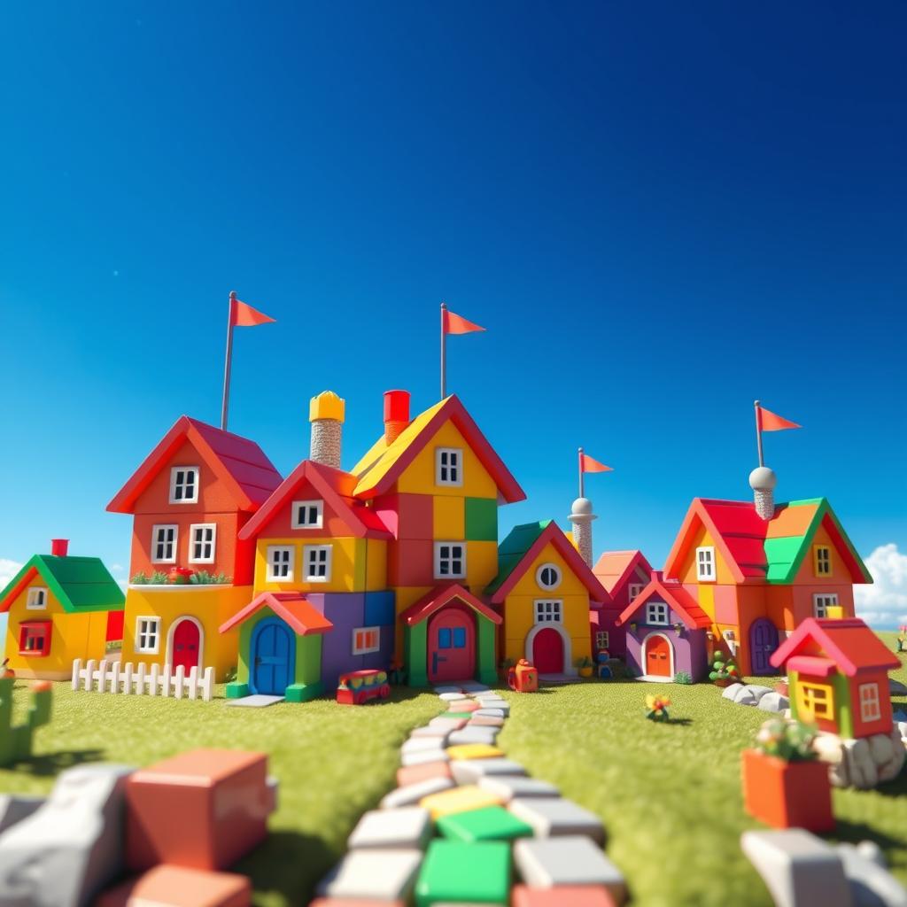 A whimsical, fairy tale-inspired scene featuring a charming village built from colorful Rubik's cubes