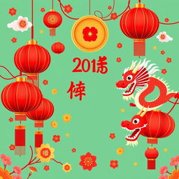 A vibrant and festive Chinese New Year background in vector style, featuring traditional elements such as red lanterns, dragon motifs, gold coins, cherry blossoms, and firecrackers