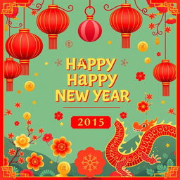 A vibrant and festive Chinese New Year background in vector style, featuring traditional elements such as red lanterns, dragon motifs, gold coins, cherry blossoms, and firecrackers