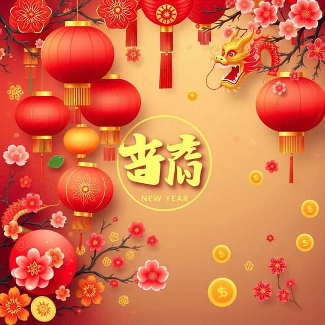 A vibrant and festive Chinese New Year background in vector style, featuring traditional elements such as red lanterns, dragon motifs, gold coins, cherry blossoms, and firecrackers