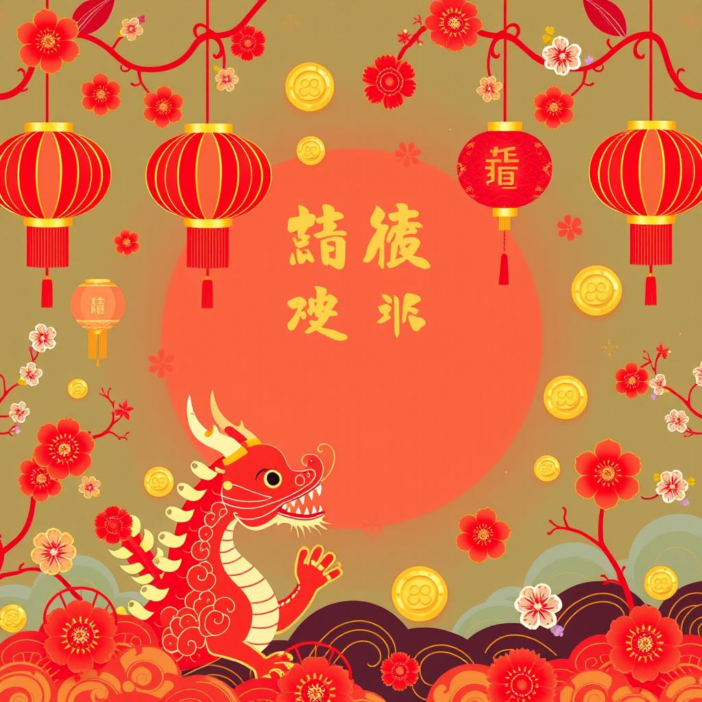 A vibrant and festive Chinese New Year background in vector style, featuring traditional elements such as red lanterns, dragon motifs, gold coins, cherry blossoms, and firecrackers