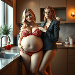 A captivating 18-year-old girl with blond hair and a sweet, thin face stands in front of a kitchen sink in her stylish apartment