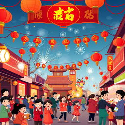 A vibrant and colorful Chinese street scene celebrating Chinese New Year, depicted in a playful vector art style