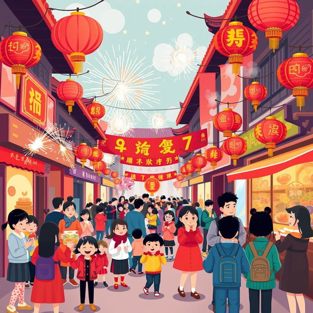 A vibrant and colorful Chinese street scene celebrating Chinese New Year, depicted in a playful vector art style