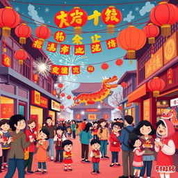 A vibrant and colorful Chinese street scene celebrating Chinese New Year, depicted in a playful vector art style