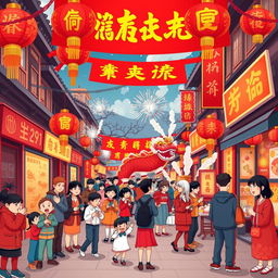 A vibrant and colorful Chinese street scene celebrating Chinese New Year, depicted in a playful vector art style