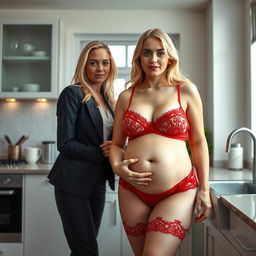 A sexy and sweet 18-year-old girl with blond hair and a thin face stands confidently in front of a kitchen sink within her stylish apartment